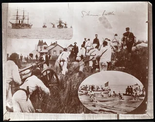 Fotocópia de uma fotomontagem anterior de três imagens das Reservas Navais na Ilha dos Pescadores, 1891 (impressão fotográfica)